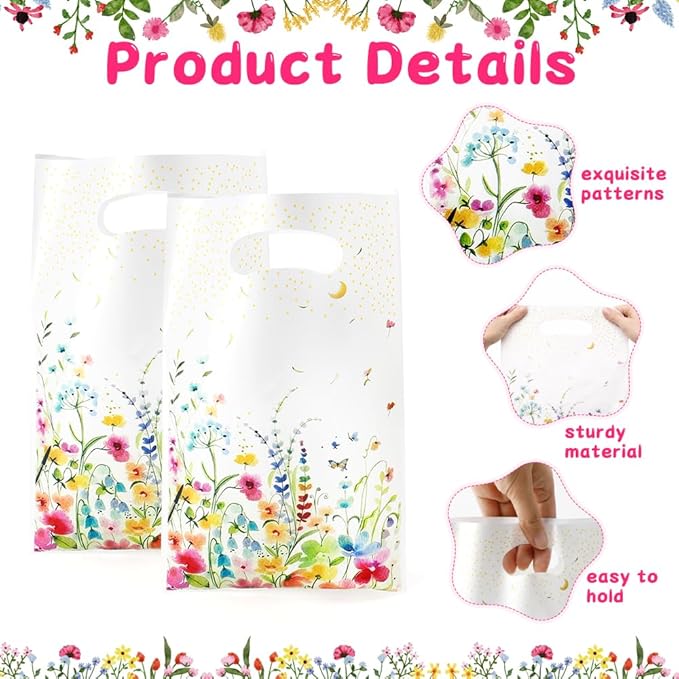 Wildflower Gift Bags, 100Pcs Reusable Wildflower Party Favor Bag with Handles, Plastic Wildfloral Goodie Candy Treat Bags Floral Gift Bag for Spring Wedding Baby Shower Birthday Party Supplies Decor