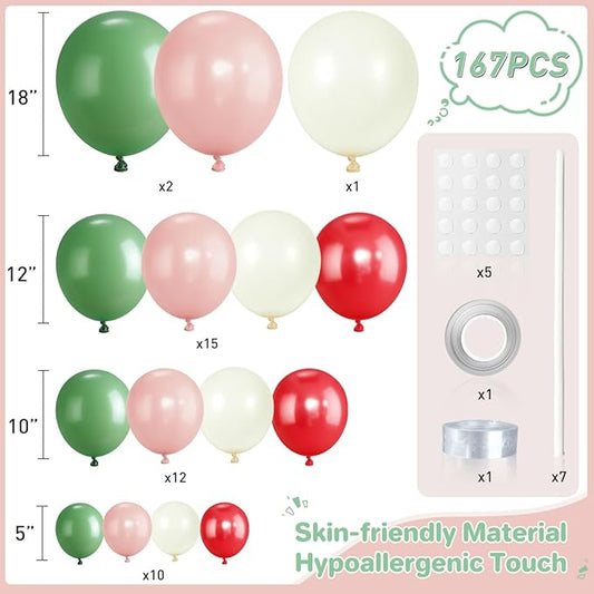 Sage Green Pink Red Balloon Arch Garland Kit, 167PCS Sage Green Blush Cherry Red Ivory Latex Balloons for Christmas Birthday Graduation Baby Shower Wedding Party Decoration