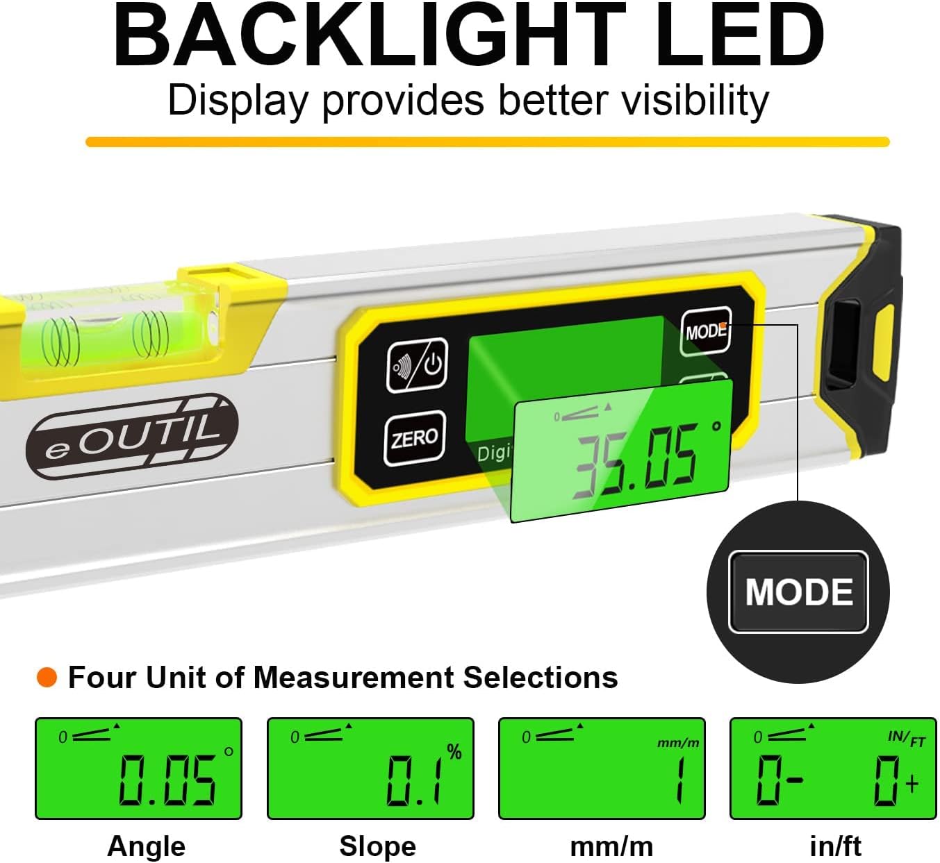 Digital Level and Protractor, 12 Inch IP54 Protected Electronic Bubble Inclinometer Angle Finder with Large LED Backlight and Magnetized V-Groove Base(Yellow