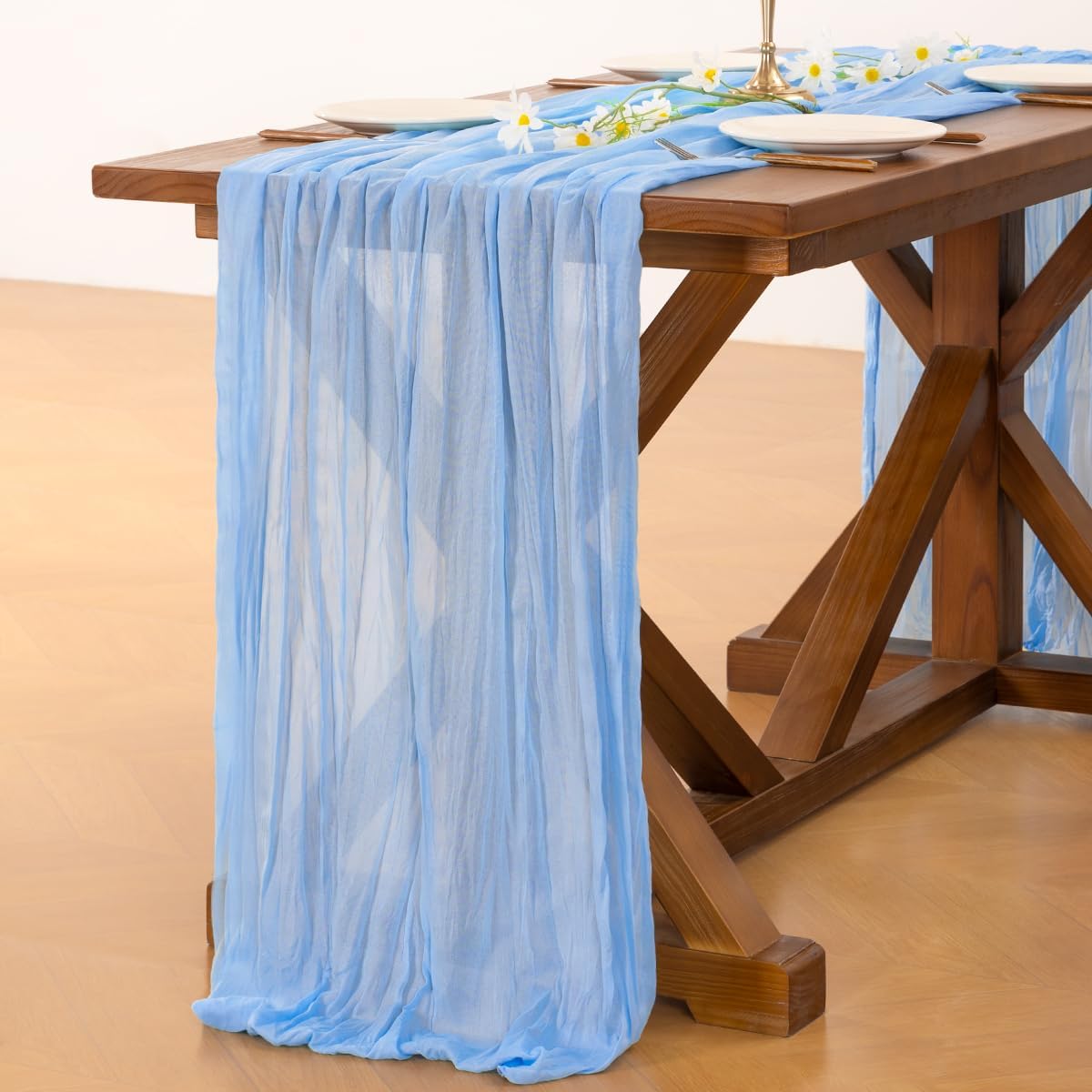 Socomi 10pcs Blue Fall Thanksgiving Cheesecloth Table Runner Light Blue Boho Rustic Gauze 120 inch 10FT Cheese Cloth Runner for Wedding Party Baby Shower Birthday Home Decor Holiday Decorations