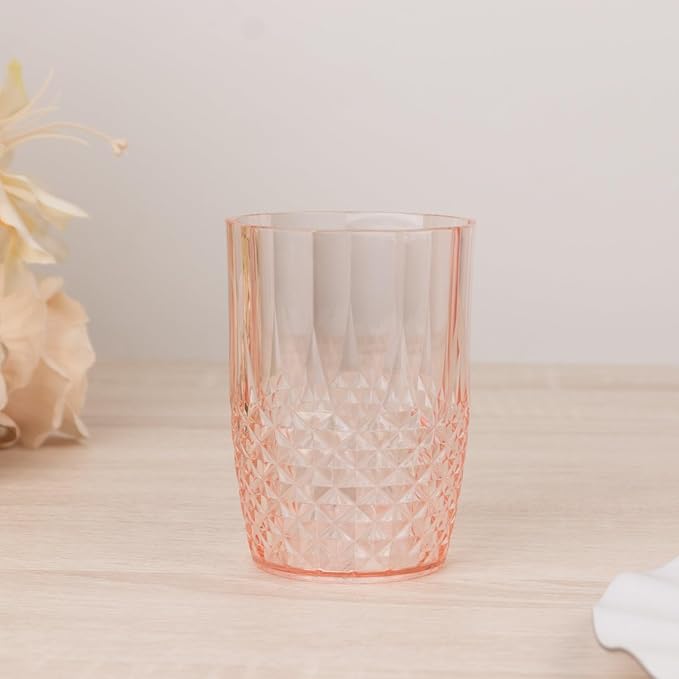 Efavormart 6-Pack Plastic Tumblers, 16oz Unbreakable Drinking Glasses Crystal Cut Style Transparent Blush - Shatterproof Short Cups