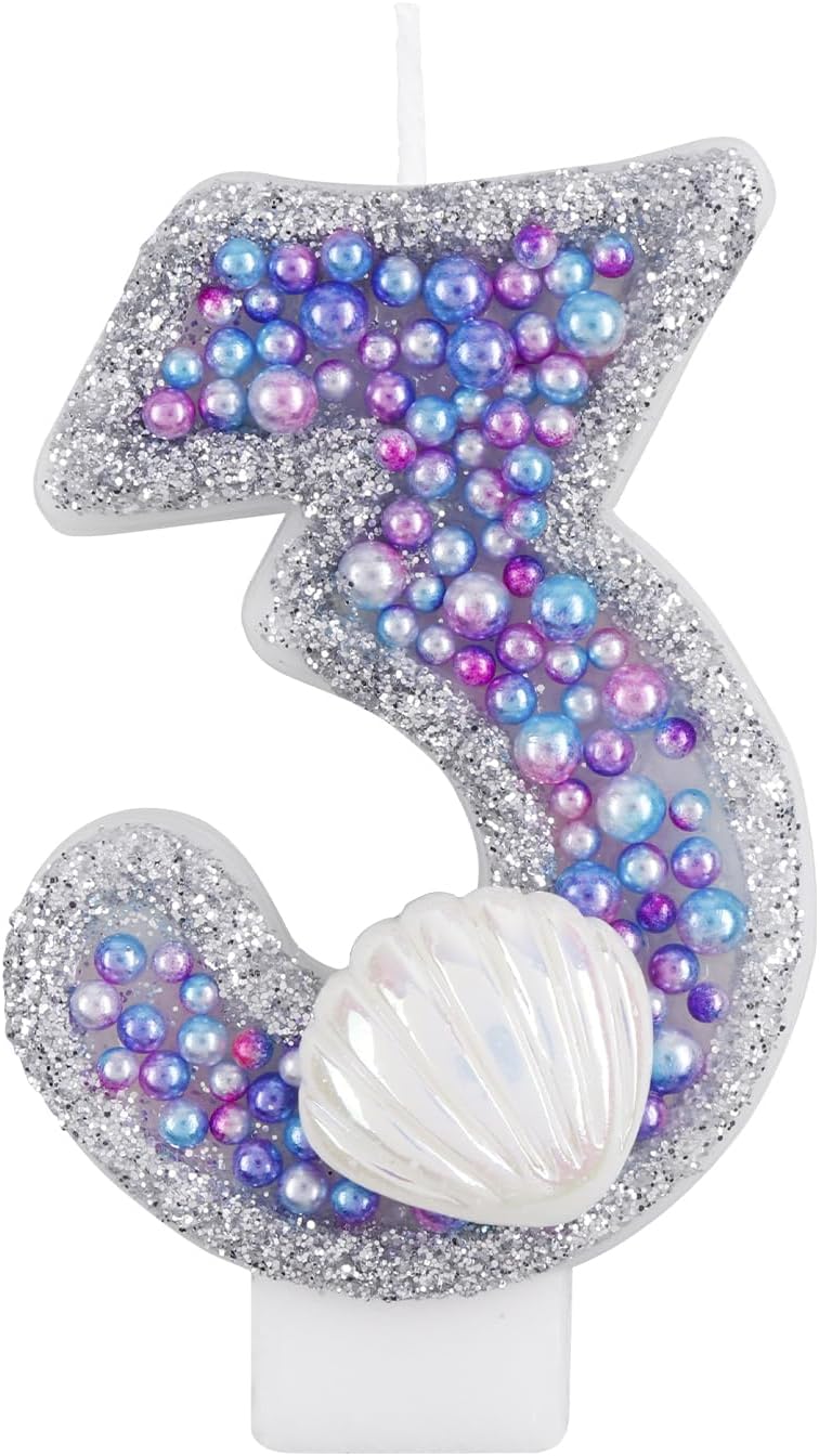 Girls Glitter 3 Birthday Candle, Pink Shell Sequins Blue Purple Pearls Number Candle for Boys Girls Birthday Cakes Mermaid Themed Birthday Decorations Party Supplies