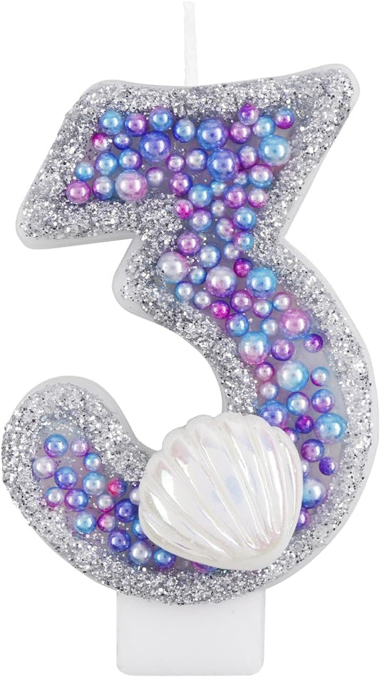 Girls Glitter 3 Birthday Candle, Pink Shell Sequins Blue Purple Pearls Number Candle for Boys Girls Birthday Cakes Mermaid Themed Birthday Decorations Party Supplies