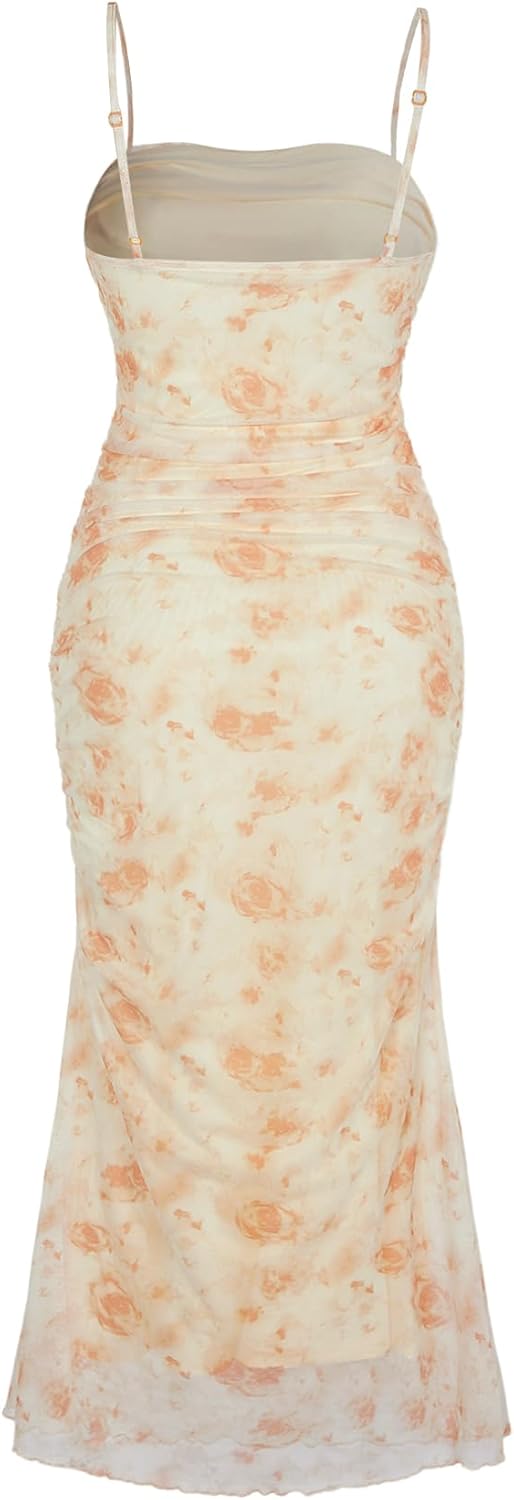 GORGLITTER Women's Floral Ruched Bodycon Midi Dress Mesh Sleeveless Fishtail Cami Dresses