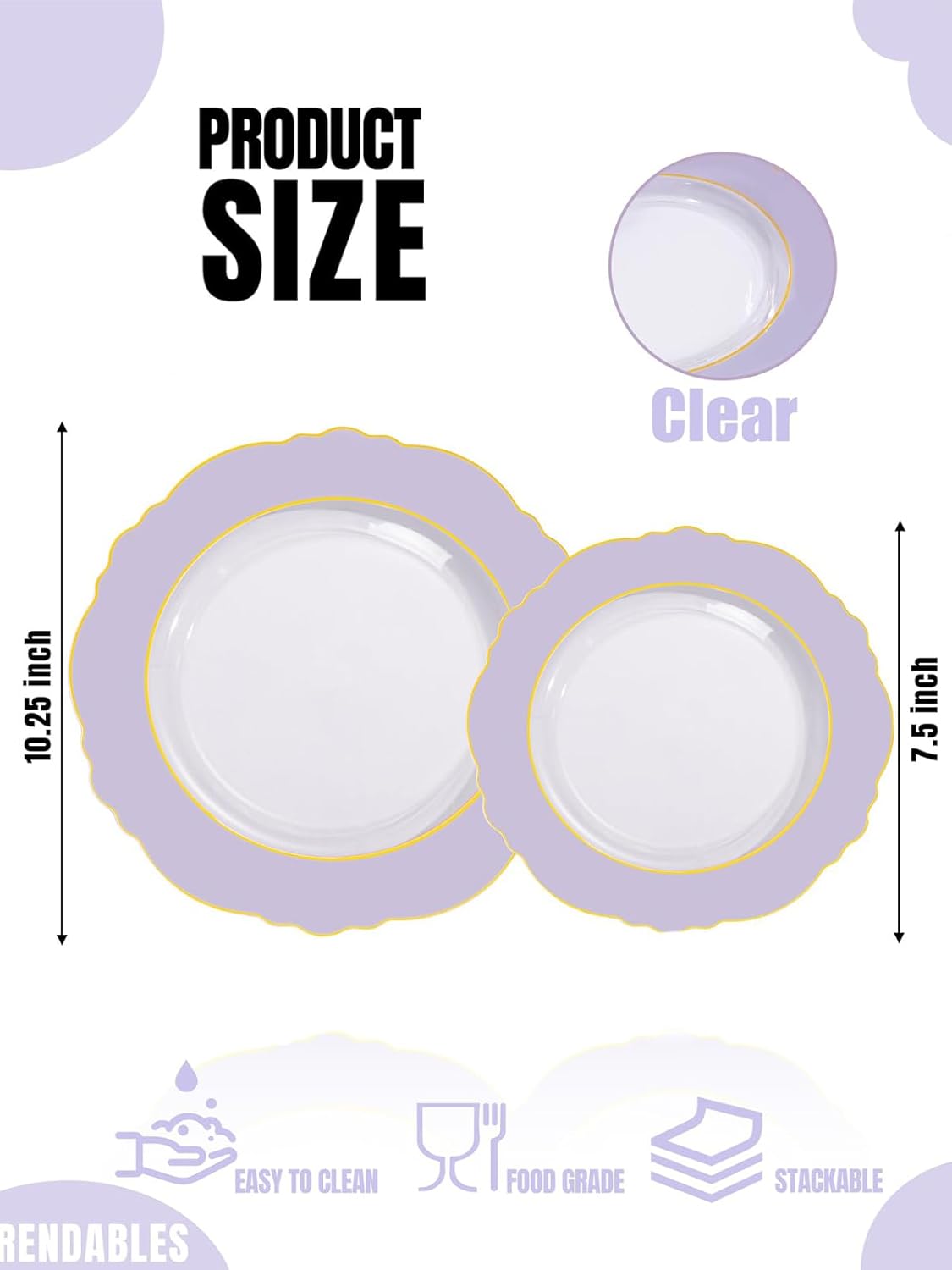 WDF 60pcs Clear Purple Plates Disposable with Gold Rim - Baroque Lavender Purple Plastic Plates for Party/Wedding/Spring Picnic