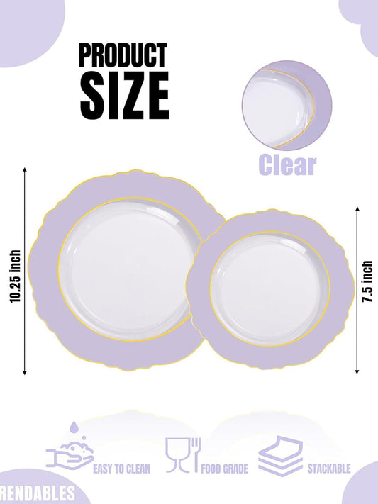 WDF 60pcs Clear Purple Plates Disposable with Gold Rim - Baroque Lavender Purple Plastic Plates for Party/Wedding/Spring Picnic