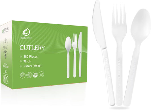 Disposable Cutlery Set - 380 Pcs BPI Certified Compostable Utensils with 140 Compostable Forks, 120 CPLA Spoons and 120 Disposable Knives, Eco-Friendly Compostable Cutlery for Thanksgiving Day & Daily