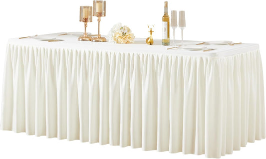 1 Pack Ivory Rectangle Table Clothes for 4 Foot Tables, Polyester Wrinkle Free Fitted Tablecloths 4ft Stretch Table Cover with Skirt for Wedding, Birthday, Parties, Trade Show, Craft Show