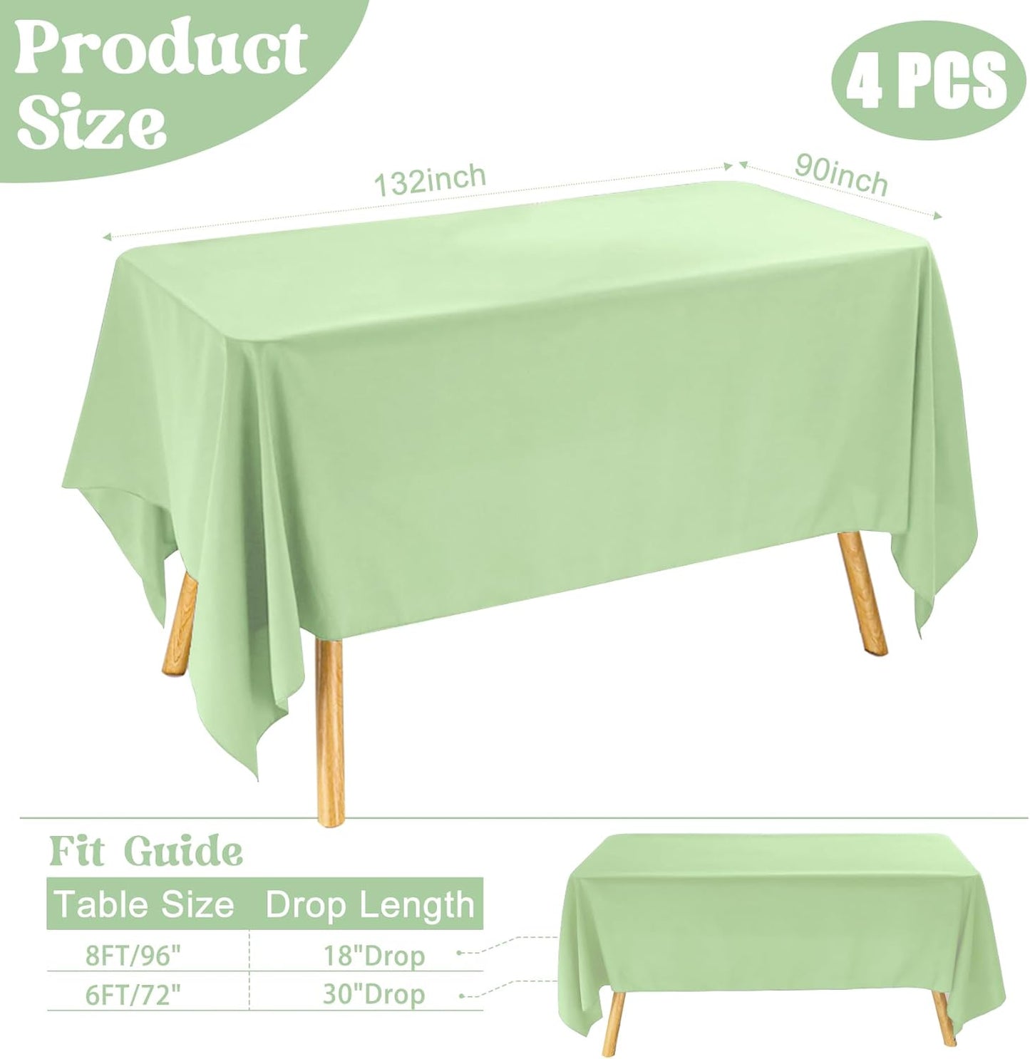 4 Pack Rectangle Tablecloth 90x132Inch Sage Green Washable Polyester Table Cover for Wedding Dining Table Buffet Parties Banquet Decoration