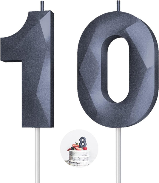 Number Birthday Candles(10 Candle Black) 3D Diamond Shape 10th Happy Birthday Cake Topper Decorations for Boy Men Birthday Wedding Anniversary Celebration Theme Party Supplies
