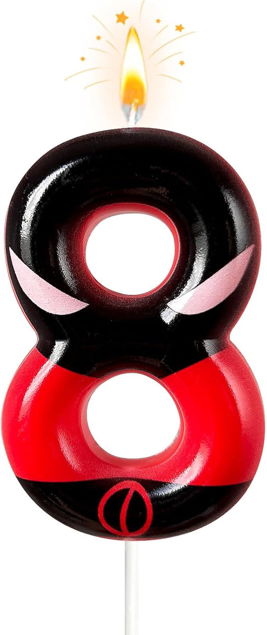 Black Red Mask Number 8 Birthday Candles - Comic Themed Cake Topper for Birthday Decorations Supplies, 8 Candle Party Favors (Number 8)