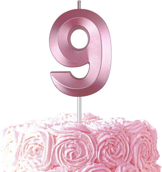 Pink Number 9 Candles, 3D Diamond 2.76 Inch Cake Topper Birthday Candles for Wedding Anniversary Cake Decorations, Happy Birthday Party Decorations