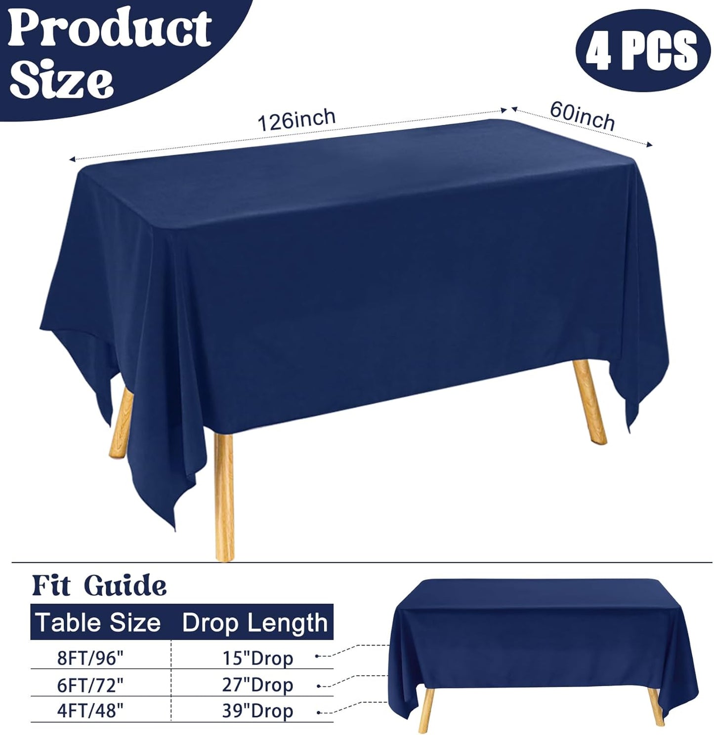 4 Pack Rectangle Tablecloth 60x126 Inch Navy Blue Washable Polyester Table Cover for Wedding Dining Table Buffet Parties Banquet Decor