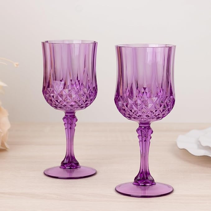 Efavormart 6-Pack Plastic Wine Glasses 8oz, Purple - Crystal Cut Shatterproof Cocktail Goblets Drinking Glasses