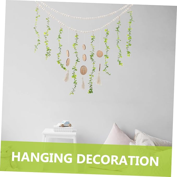 Boho Wooden Beads Garland for Photo Display Easy to Install Picture Holder Wall Decor for Bedroom and Living Room Rustic Macrame Hanging Decoration Natural Eucalyptus Leaves