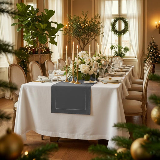 D'Moksha Homes Linen Charcoal Grey Table Runner 72 Inches Long - 100% Pure Linen Hemstitch Table Runner 14 x 72 Inch for Dresser, Dining, Fall, Autumn and Halloween - Classic Hemstitch