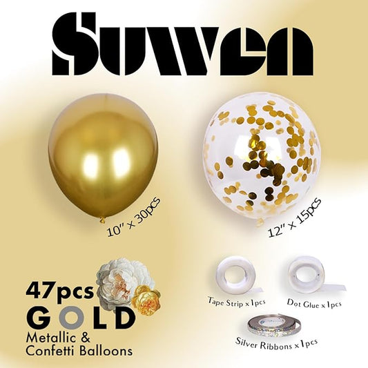 SUWEN Metallic Gold Balloons and Confetti Balloons Set 47PCS Latex Helium Chrome Gold Balloon for Birthday Graduation Anniversary Party Decorations