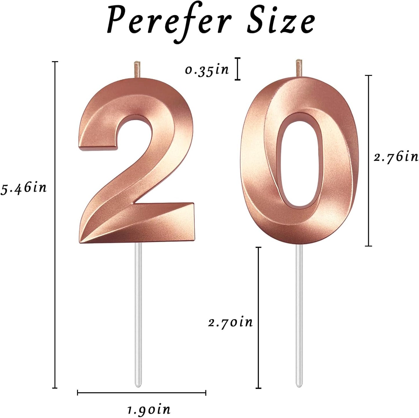 Rose Gold Number 20 Candles, 3D Diamond 2.76 Inch Cake Topper Birthday Candles for Wedding Anniversary Cake Decorations, Happy Birthday Party Decorations