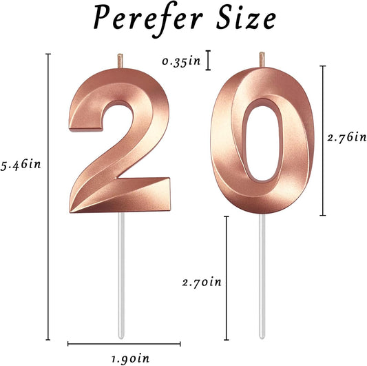 Rose Gold Number 20 Candles, 3D Diamond 2.76 Inch Cake Topper Birthday Candles for Wedding Anniversary Cake Decorations, Happy Birthday Party Decorations