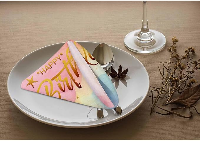 Happy Birthday Table Napkins Cloth Set of 4 Soft Watercolor Stars Dreamy Hand Written Letters Washable and Reusable Dinner Napkins for KitchenWeddings Parties 18 x 18 inch