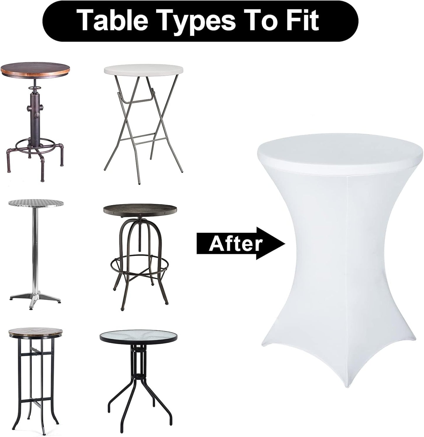 FestiCorp 6 Pack Spandex Table Cover, Cocktail Fitted Tablecloths, Round Highboy Stretch Table Covers Cloths for Party, DJ, Bar, Wedding, Birthday, Banquet, White, 30"-32" Diameter x 40"-43" Height