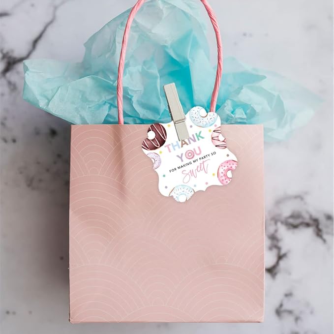 Andaz Press Fancy Frame Kids Party Favor Thank You Tags with String, 48-Pack Donut Birthday Gift Tags for Gift Bags, Favor Bags, Goody Bags, Girls & Boys, Gender-Neutral 1st Birthday Party Favors
