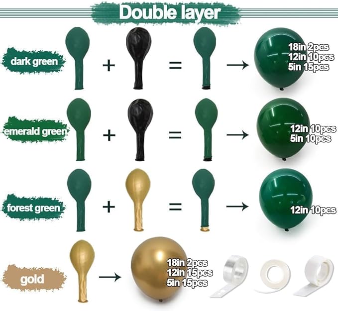 Emerald Green Gold Balloons Garland Double Stuffed Dark Green Gold Balloons Hunter Forest Metallic Arch Kit for Birthday Baby Shower Jungle Graduation Party Decorations