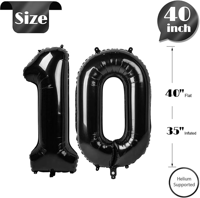 Black Number 10 Balloon 40 Inch, 10th Birthday Party Decorations for Children, Giant 10 Foil Balloon for Party Supplies