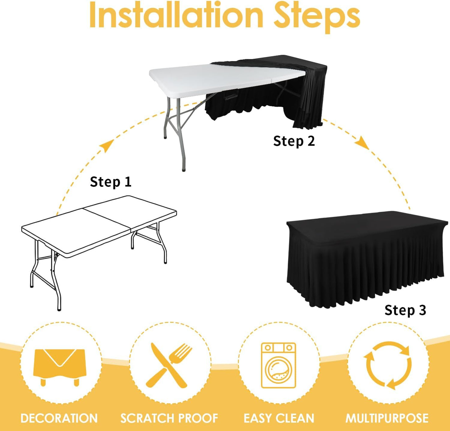 Black Table Skirts for Rectangle Tables 6ft - Spandex Table Cover for 6 Foot Tables,Stretch Tablecloth Washable Wrinkle Resistant Stretch Table Covers, Fitted Tablecloth for Weddings, Party, Events