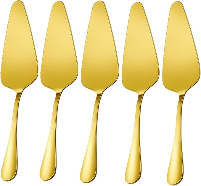 Kucensi Cake Pie Server, 5 Pack Stainless Steel Pie Pizza Pastry Cake Slicer Server Set, Cake Cutter with Serrated Edges, Pie Cutters for Kitchen, Restaurants, Wedding, Birthdays and Parties(Gold)