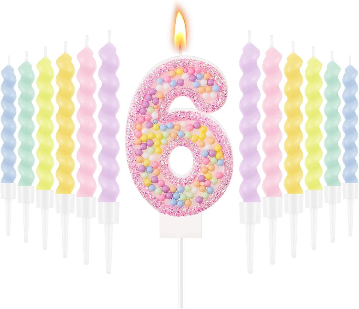MTLEE Number 6 Birthday Candle with 12 Pcs Spiral Candles for Girls Macaron Pastel Rainbow Unicorn Pink Cake Topper for Sweet Theme Party Decoration