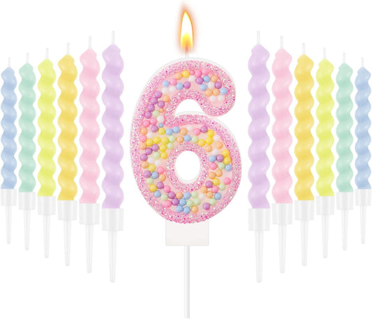 MTLEE Number 6 Birthday Candle with 12 Pcs Spiral Candles for Girls Macaron Pastel Rainbow Unicorn Pink Cake Topper for Sweet Theme Party Decoration
