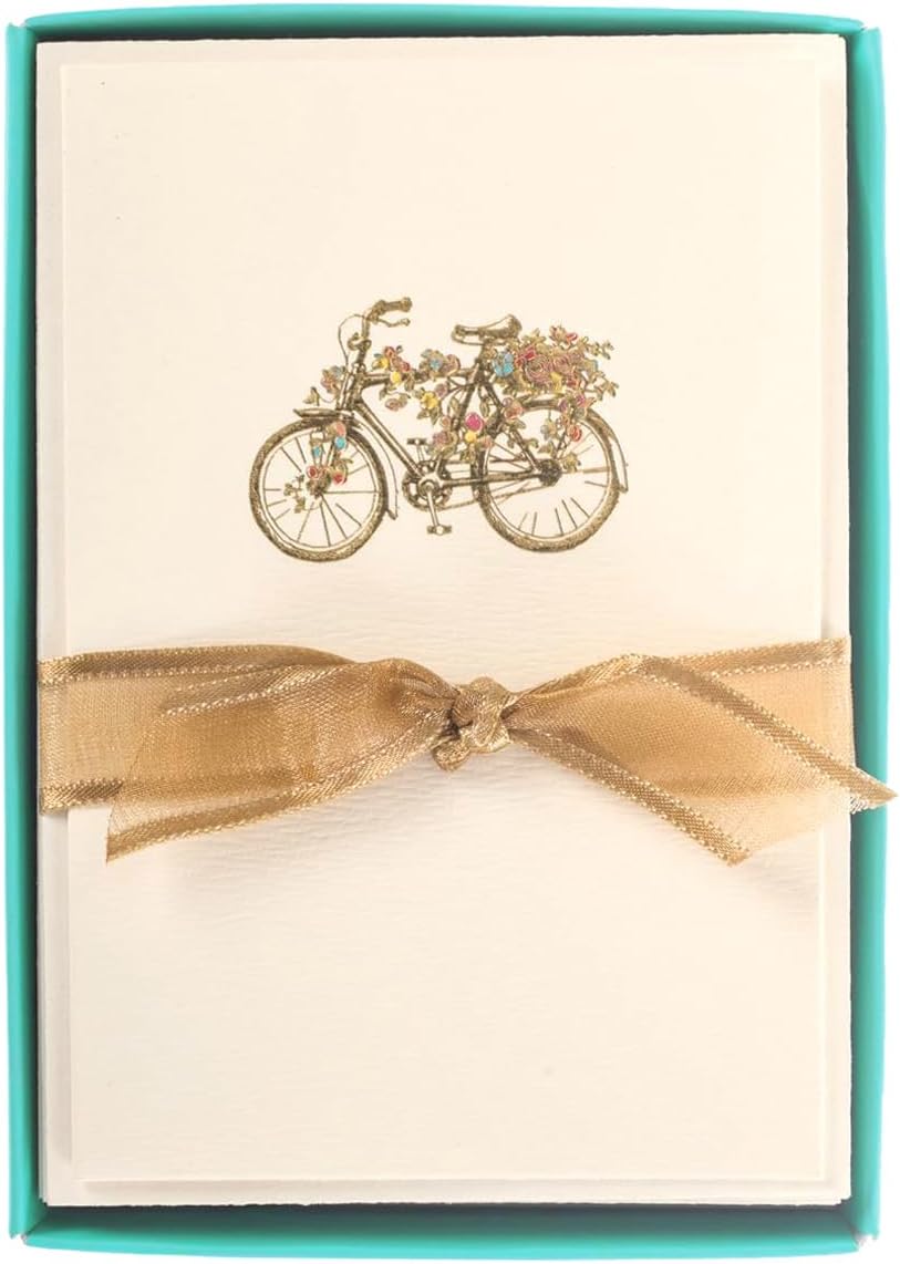 Graphique Flower Bicycle La Petite Presse Boxed Notecards, 10 Embellished Gold Foil Blank Cards with Matching Envelopes and Storage Box, 3.25" x 4.75"