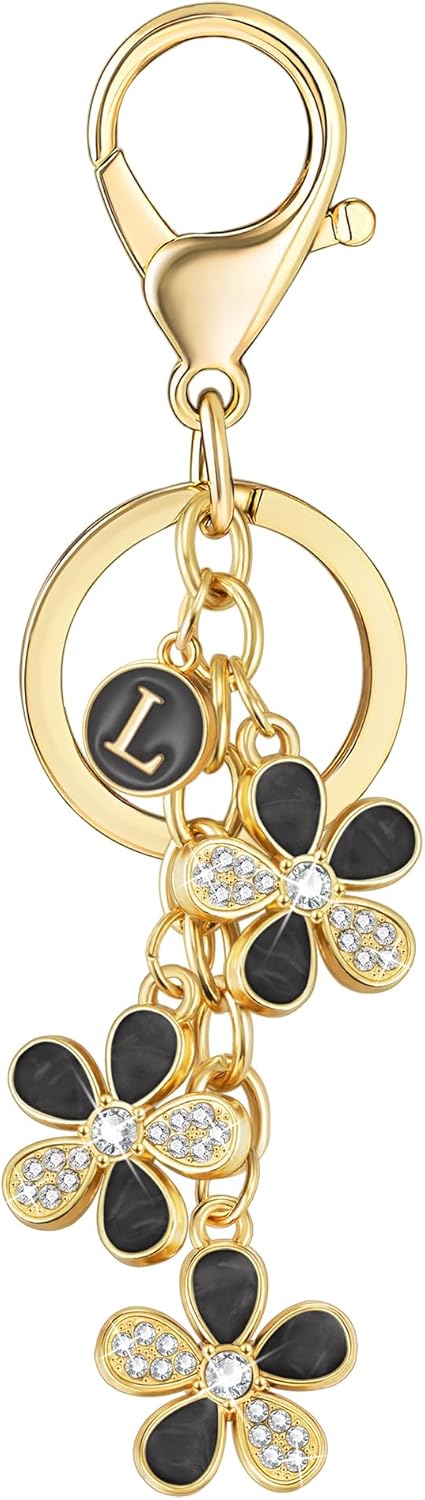 XGALBLA Cute Flower Crystals Rhinestone Initial Letter Keychain for Women, Bag Charms Bling Sparkly Enameled Keychain Handbag