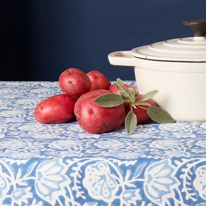 Block Print Cotton Dining Table Cloth, 90" x 60", Rectangle Tablecloth, Decorative Fabric Table Cover, Holidays, Thanksgiving, Christmas, Weddings, Housewarming Gift (White Blue Floral)