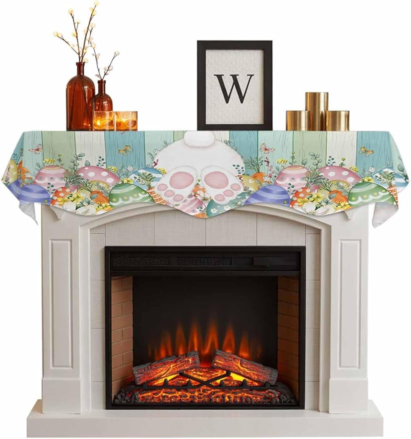 Cute Easter Bunny Fireplace Mantel Scarf Table Runner, Eucalyptus Leaves Colorful Eggs Wooden Winter Garland Mantel Top Tablerunners Dresser Scarves Cover for Windows Party Living Room 70''x17''