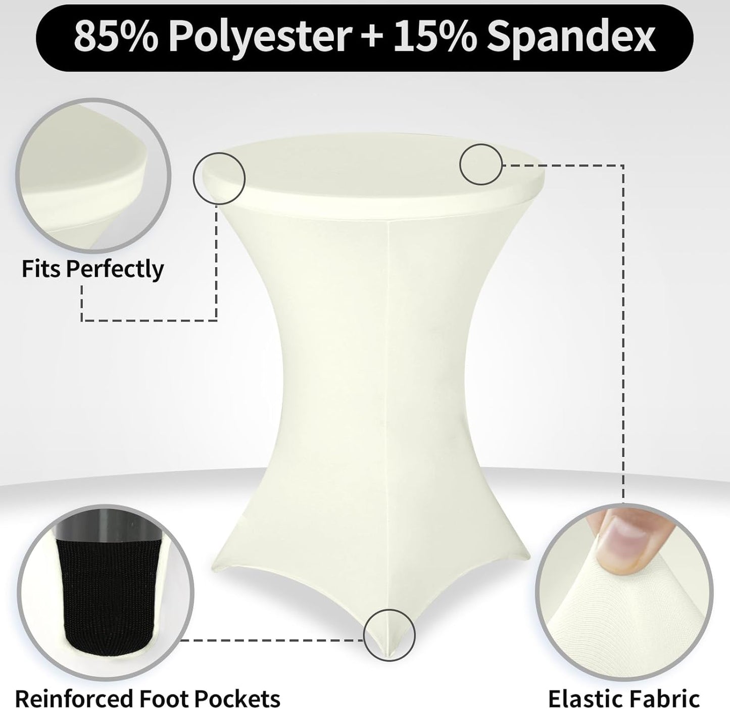 FestiCorp 10 Pack Spandex Cream Table Cover, Cocktail Fitted Tablecloths, Round Highboy Stretch Table Covers Cloths for Party, DJ, Bar, Wedding, Birthday, Banquet, 30"-32" Diameter x 40"-43" Height