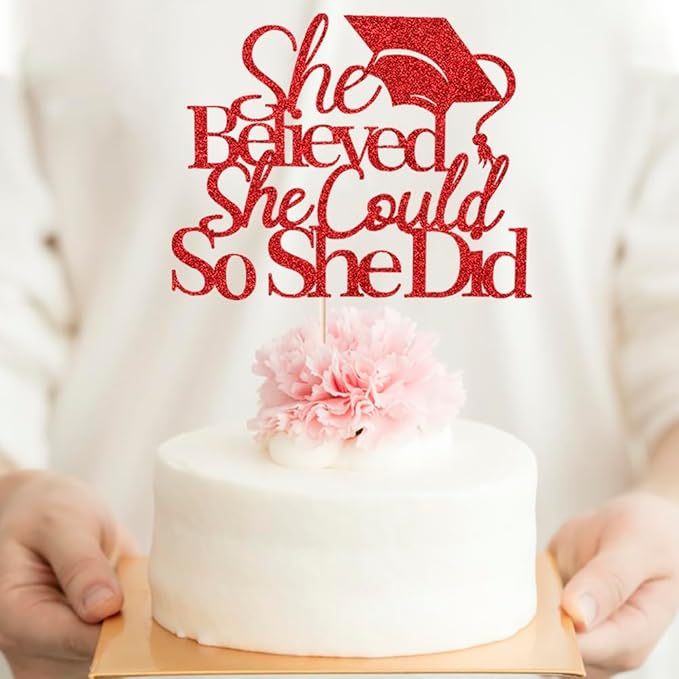 She Believed She Could So She Did Cake Topper,2025 Graduation Cake Topper,cake Decorations for Girls,2025 High School/College/University Graduation (red)