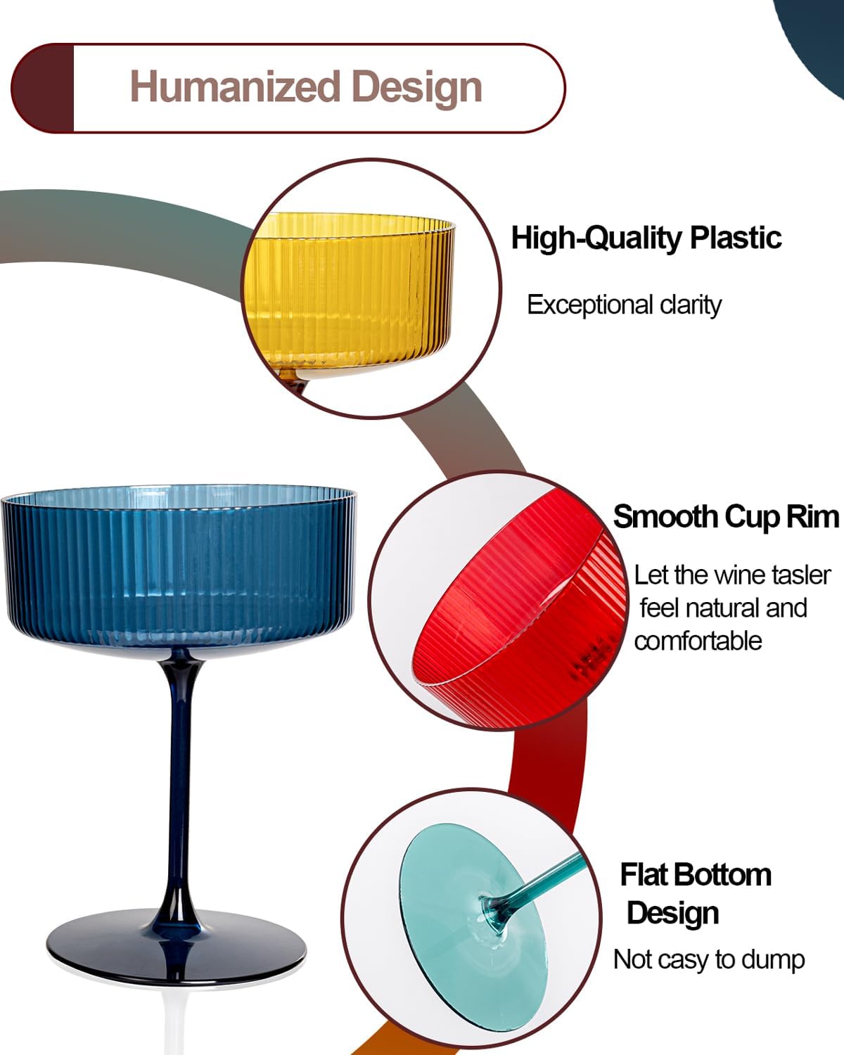 Ciaell 12PCS Plastic Ribbed Martini Glasses - 10 Oz Colored Disposable Coupe Glasses with Stem - Heavy Duty Margarita Cups for Bars, Cocktails, Whiskey, Parties & Wedding
