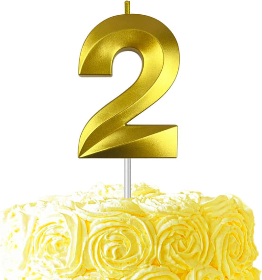 Gold Number 2 Candles, 3D Diamond 2.76 Inch Cake Topper Birthday Candles for Wedding Anniversary Cake Decorations, Happy Birthday Party Decorations