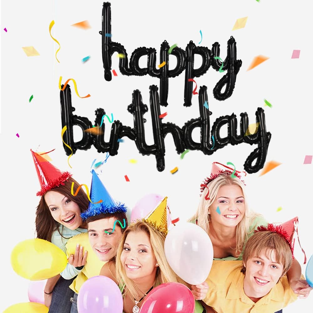 TONIFUL Black Happy Birthday Balloons Banner, 16 Inch Mylar Foil Script/Cursive Letters Birthday Sign Banner Balloon Reusable Material for Girls Boys Kids & Adults Birthday Decorations