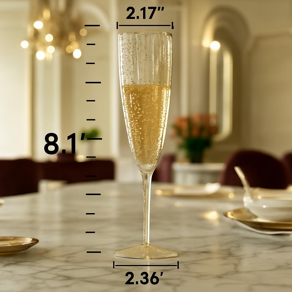 Oojami 6 Oz Gold Glitter Plastic Champagne Glasses 24 Pack Hard Disposable Plastic Champagne Flute Ideal for Home Daily Life Party Wedding Toasting Drinking Champagne Reusable Party Supplies