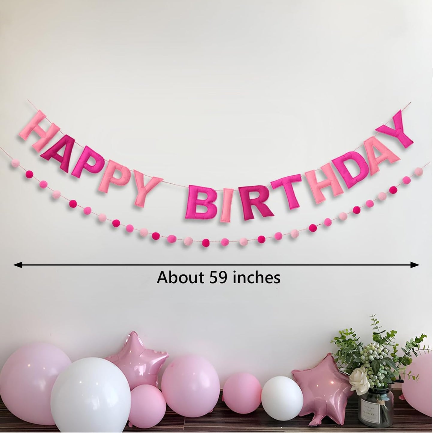 Pink Happy Birthday Banner Felt Ball Garland Pre-Strung Happy Birthday Sign for Party Backdrop Decorations Photo Prop