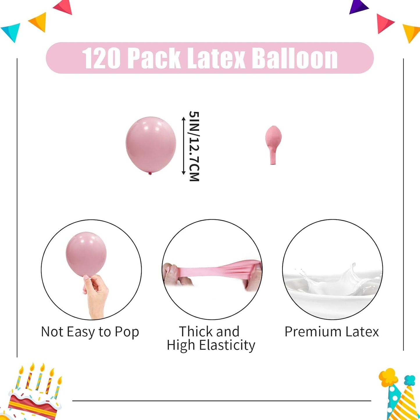 Pastel Pink Balloons - 5 inch 120pcs Latex - Small Round Light Pink Balloon with 2 Ribbons, Mini Helium Baby Pink Balloons for Birthday Party, Wedding, Anniversary, Baby Shower Decorations