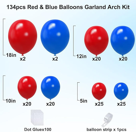 YMSZ Red and Blue Balloon Garland Arch Kit, 134pcs Royal Blue and Red Latex Balloons for Birthday, Graduation, Independence Day Decorations