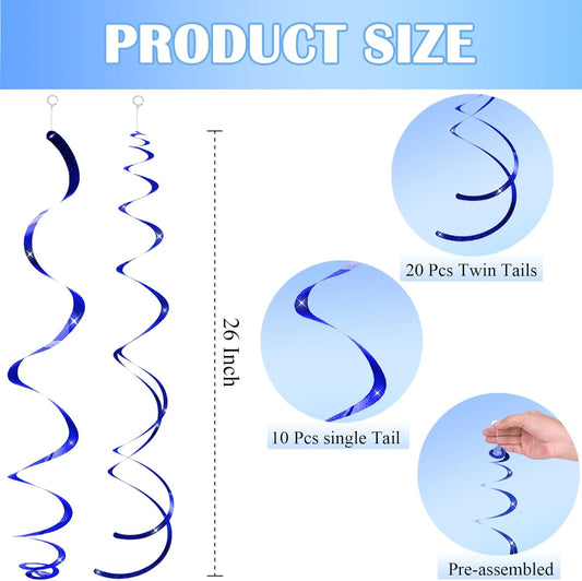 30 pcs Blue Hanging Swirls Decorations Swirl Party Decorations Plastic Party Streamer for Ceiling, 26"