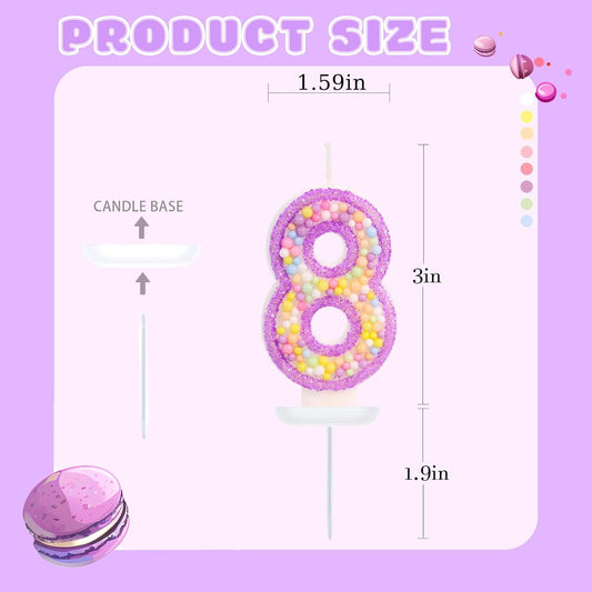 Birthday Candles - Number 8 Candle, Colorful Macaron Candles for Boys/Girls, Purple Party Decorations, Purple Cake Decorations