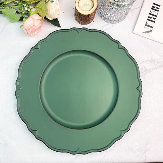 Antique Green Charger Plates, 13" Round Chargers for Dinner Plates, Set of 6 Plastic Plate Chargers for Weddings, Parties, Table Setting.