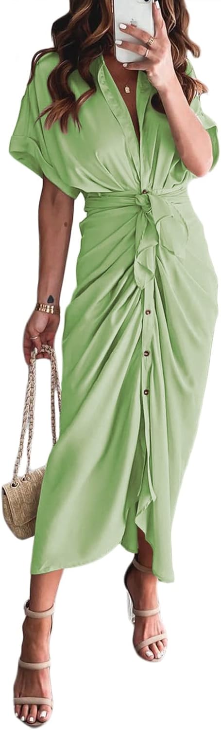 Women Elegant Satin Button Down Short Sleeve Maxi Shirt Dress with Belt