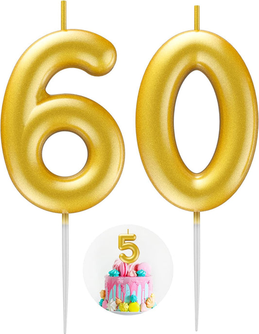 Gold Number 60 Candle Happy Birthday 3D Number Candles for Birthday Cake Party Decoration Wedding Anniversary Celebration Supplies